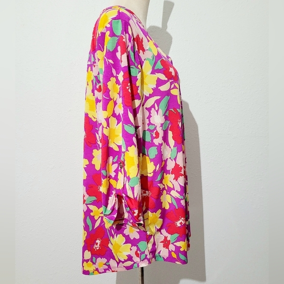 Dear Scarlett Floral Blouse Top Tunic XL Bright Pink Yellow Red Green 3/4 Sleeve - Picture 5 of 13